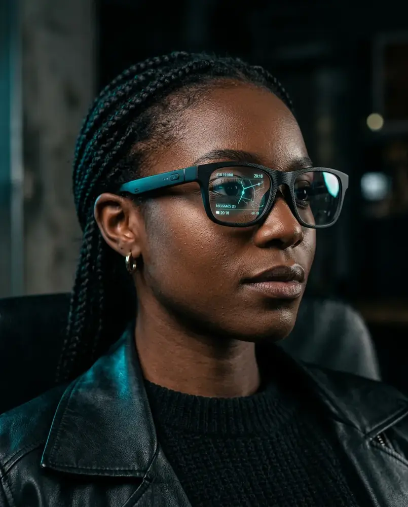 Person wearing AI smart glasses with a cyan heads-up display in the lens