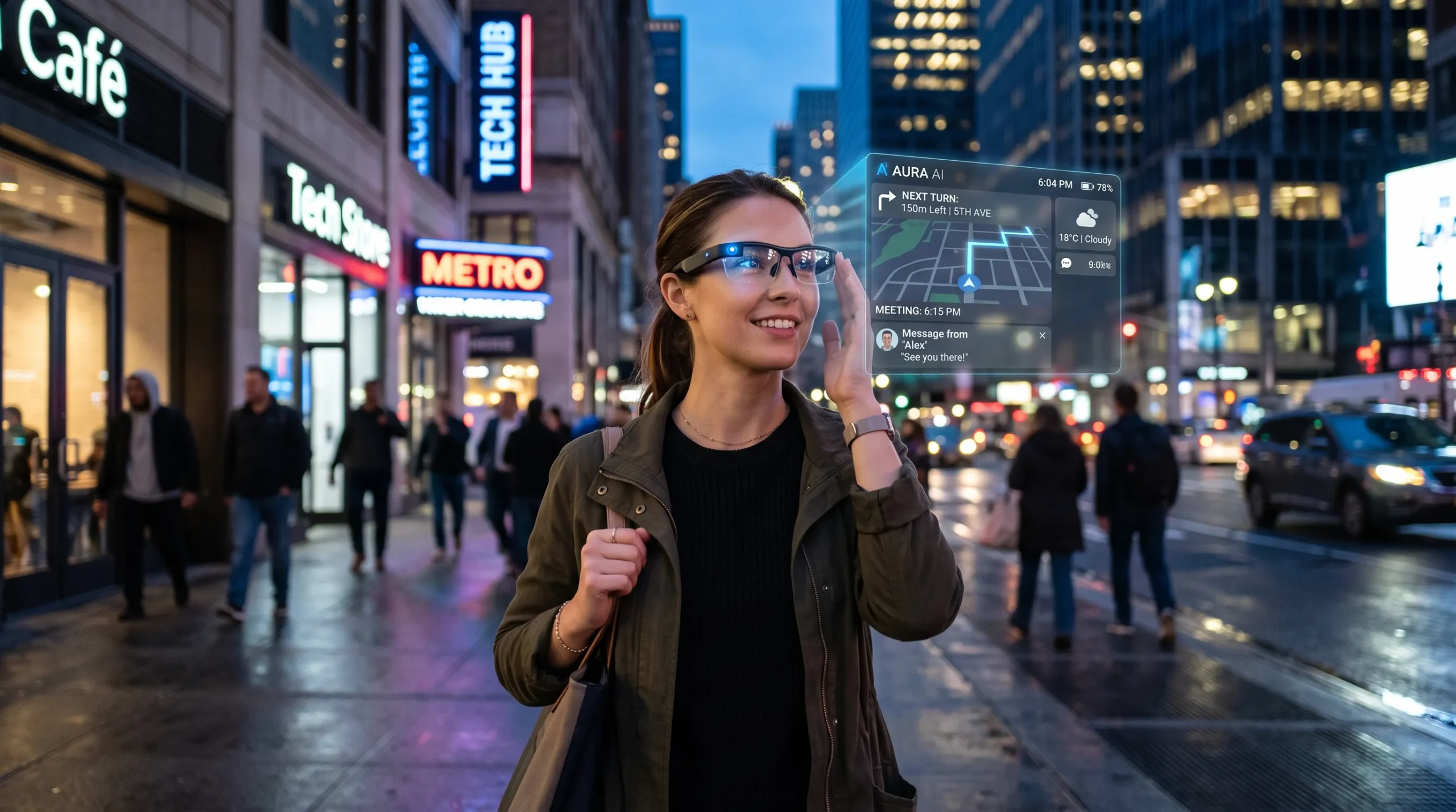 AI smart glasses with a cyan heads-up display in the lens